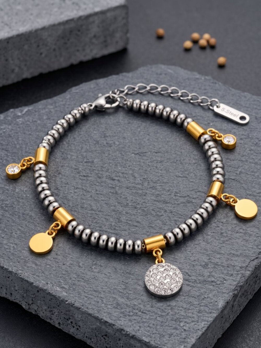 Two Tone Beaded Charm Bracelet Gold Silver CZ Disc Dainty Adj 6.5-8.5"